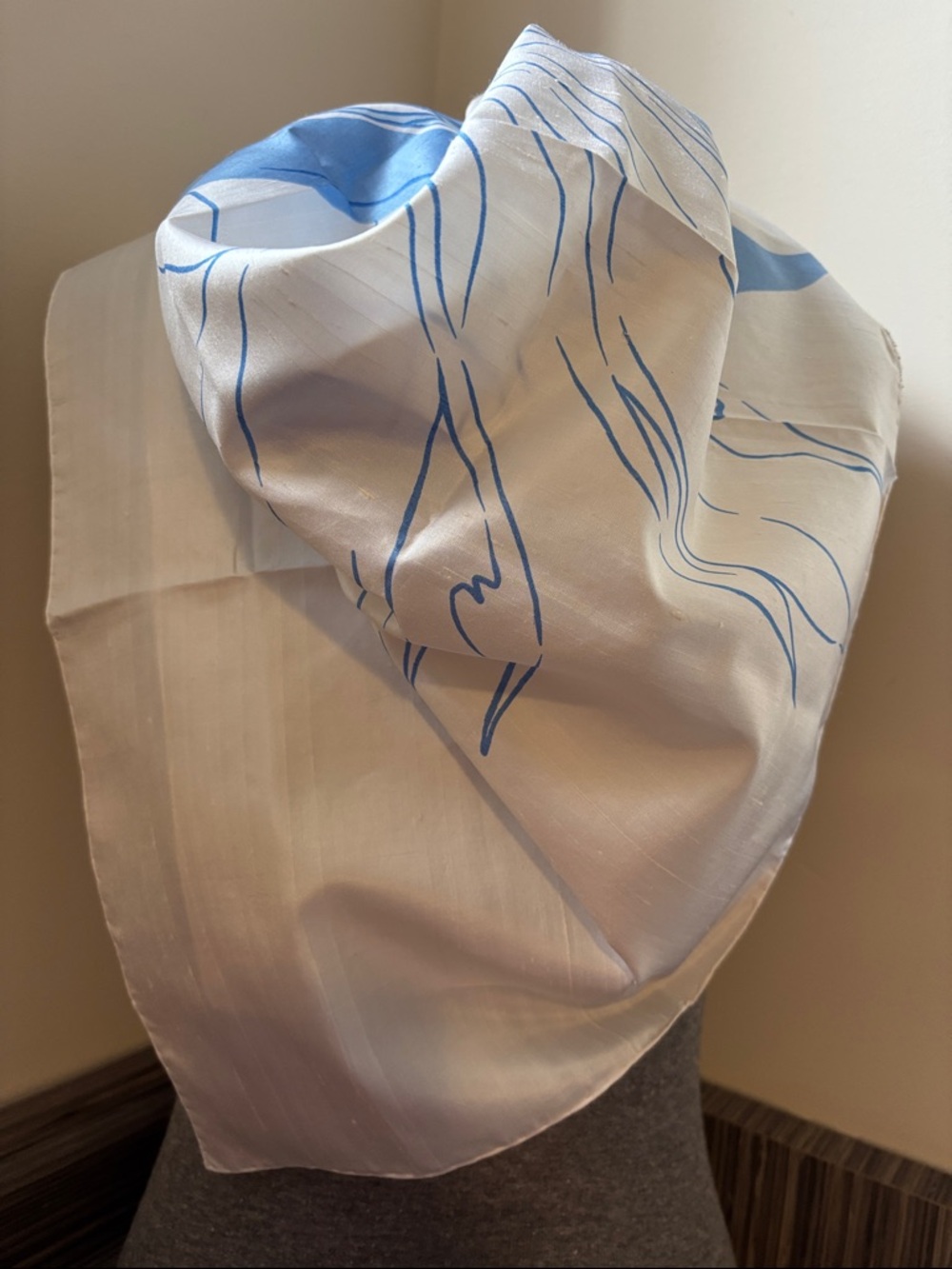 Vintage Thai Silk Blue & Cream Floral Square  Scarf